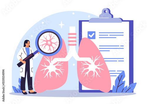 Female doctor analyzing human lungs with magnifying glass, cartoon style, on a clinical background with clipboard. Concept of lung health and diagnosis. Vector illustration