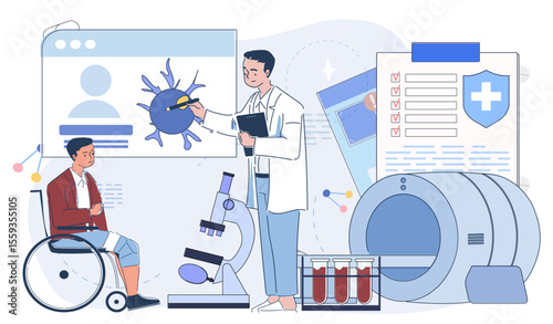 Doctor showing virus data to a patient in a wheelchair with lab equipment, medical records, and MRI scanner on a white background. Concept of healthcare. Vector illustration