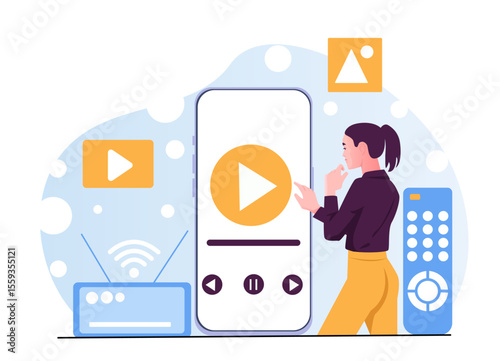 Woman touching large smartphone screen with video player interface, surrounded by media and tech icons, on abstract blue background. Concept of digital streaming. Vector illustration