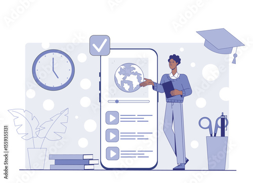 A person pointing at a globe on a large smartphone screen with educational content, clock, books, and graduation cap in background. Concept of online education. Vector illustration