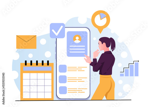 Woman analyzing data on large smartphone screen with icons like calendar, envelope, and chart around her, flat style on abstract background. Concept of productivity. Vector illustration