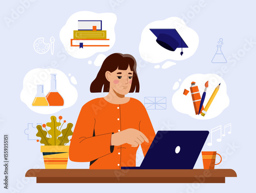 Woman sitting at desk using laptop, surrounded by educational icons like books, lab flasks, and art tools on a light background. Concept of online learning. Vector illustration