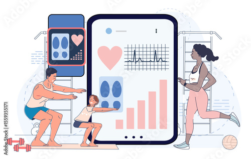 People exercising with a large mobile screen showing health and fitness data, pastel flat style, white background, concept of digital workout monitoring. Vector illustration