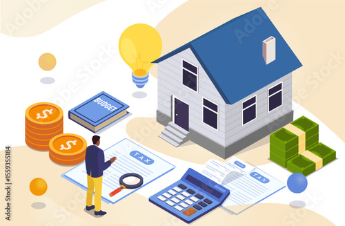 Man analyzing tax documents, budget book, calculator, money, and house model on abstract background. Concept of real estate finance and property taxes. Vector illustration