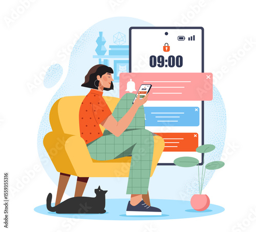 Woman sitting on yellow armchair using smartphone with large notification and lock screen icons in background, flat style on white background. Concept of digital habits. Vector illustration