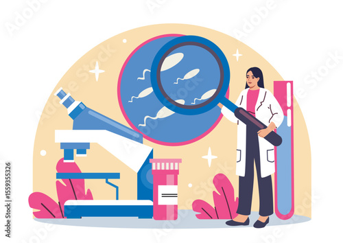 Female scientist analyzing sperm under magnifying glass near microscope and lab tools, flat cartoon style on abstract background. Concept of fertility study. Vector illustration