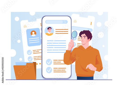 Man examining digital resumes on mobile screens with magnifier, flat graphic style, light abstract background. Concept of online job recruitment. Vector illustration