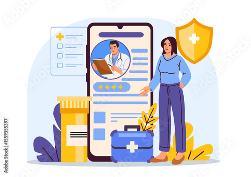 Woman interacts with digital healthcare app on smartphone screen showing online doctor profile, symbols of health, medicine, and protection. Vector illustration