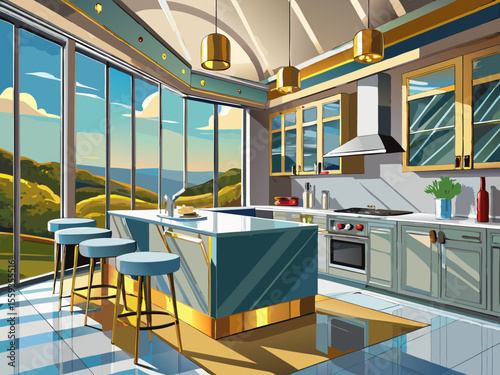 vector of A modern kitchen that showcases silver cabinets with gold streaks, island stools and views from large windows...