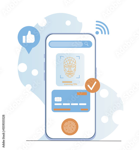 Smartphone screen showing facial recognition scan, credit card, and fingerprint icon in flat style on abstract background. Concept of secure mobile payment. Vector illustration
