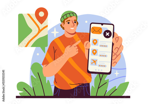 Smiling tourist pointing at a smartphone showing travel app with location pins and ratings, in cartoon style, with abstract map and nature background. Vector illustration