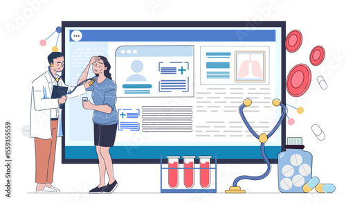 A doctor checking a sick woman with a stethoscope in front of a large digital medical report, modern flat style, white background. Concept of online healthcare. Vector illustration