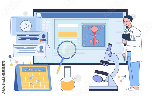 Male doctor studying urology data on screen with microscope, calendar, beaker, chat bubbles and reproductive system graphics. Medical analysis concept. Vector illustration