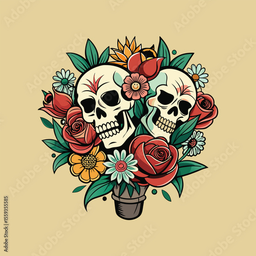 Tattoo style bouquet illustration with skulls and roses, gothic floral design for edgy dark art lovers.