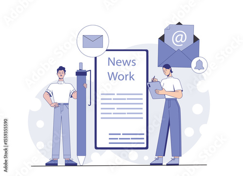 Two people creating digital news content with giant pen and tablet, surrounded by email and notification icons, on abstract background. Concept of newsletter writing. Vector illustration