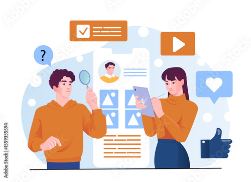 Two young people analyzing a digital profile on a large smartphone screen, modern flat style, abstract background with icons, concept of social media evaluation. Vector illustration
