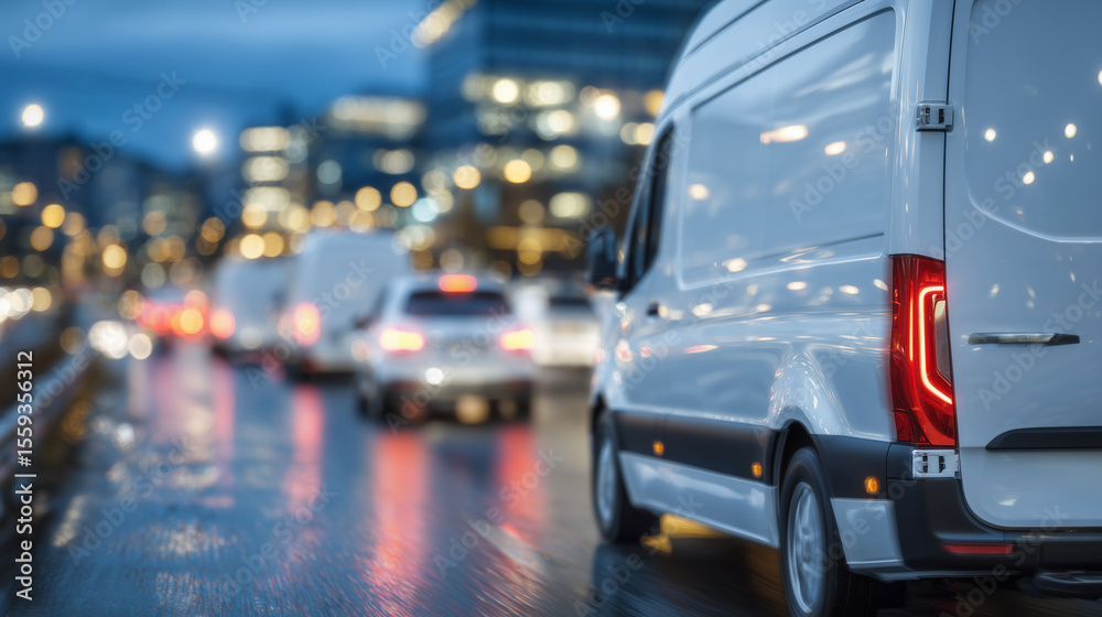 custom made wallpaper toronto digitalRow of identical white vans parked in a wet urban street at dusk, headlights alive with motion, traffic noise implied through blurred taillights nearby