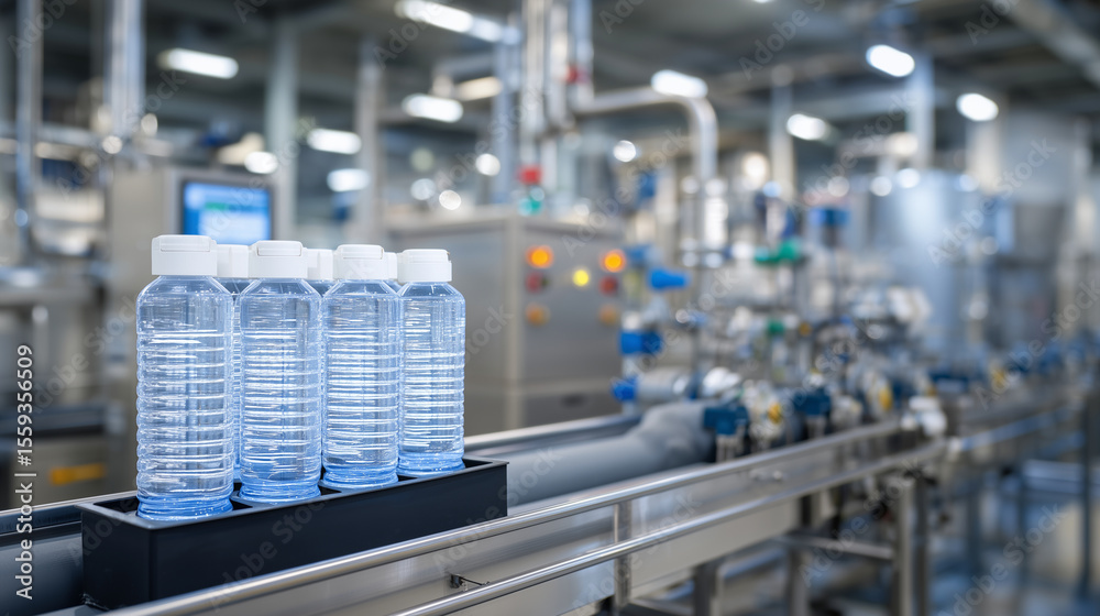 Naklejka premium Close-up of reverse osmosis water purifier with multiple clear bottles filled to the brim, surrounded by stainless steel pipes and control panels in a sterile industrial setting