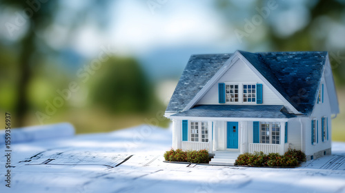 House model placed neatly over blueprint floor plans, visualizing the completed structure with surrounding measurements and markings, evoking the start of a new home build