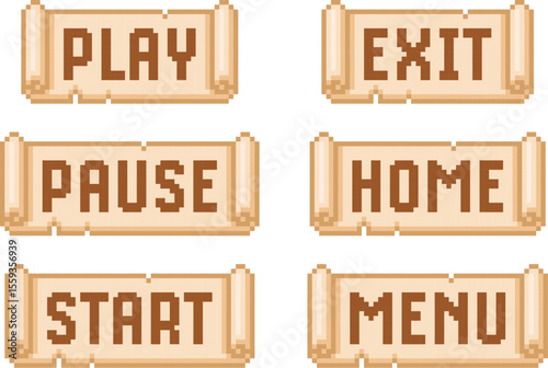 Set of pixel old scrolls with different inscriptions for game interface.