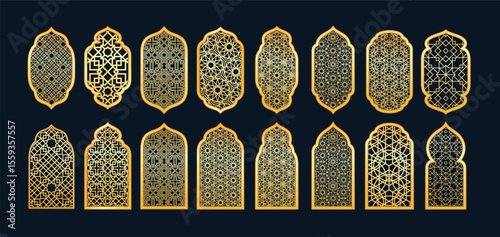 Golden traditional Islamic Ramadan arch shape, window or gate with Arabic arabesque pattern in oriental style vector set