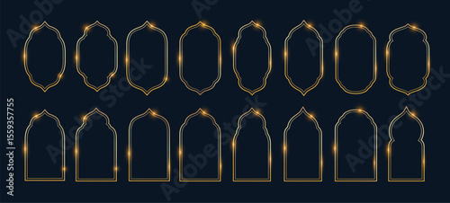 Set of flowing golden outline frames or arched windows in Islamic style on dark background.