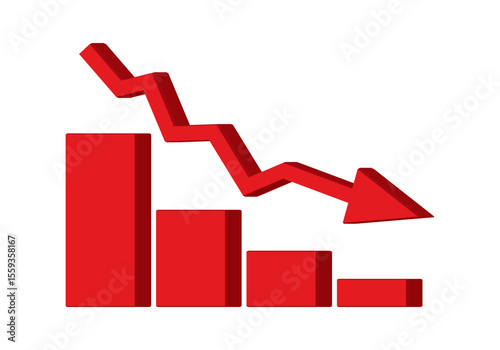 Red 3d arrow going down stock icon on white background. Bankruptcy, financial market crash icon for your web site design, logo, app, UI. graph chart downtrend symbol.chart going down sign.