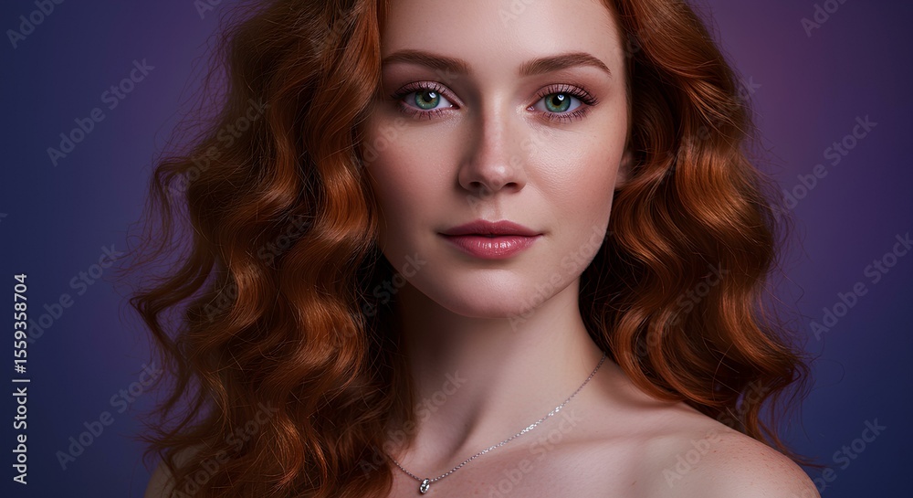 Obraz premium Redhead Woman Portrait with Green Eyes and Necklace
