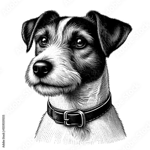 Jack Russell Terrier dog portrait with collar in black and white  