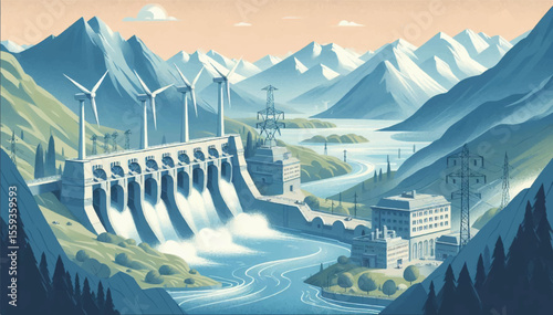 Illustration of a modern hydroelectric power plant with turbines against the background of mountains and a river. Vector graphics. EPS.