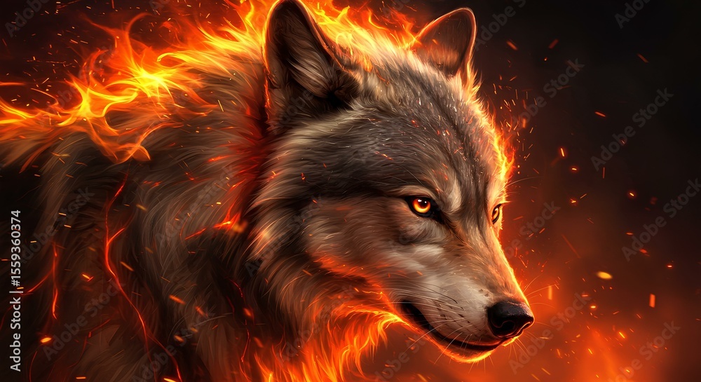 Naklejka premium Fiery Wolf with Glowing Orange Eyes Amidst Sparks on Dark Background, embodying strength and danger.