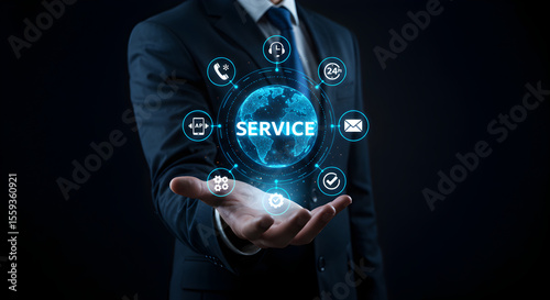 A businessman offers comprehensive digital service solutions with a glowing global interface.