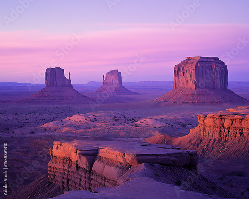 vast desert plateau at twilight, rocky formations glowing faintly under fading violet sky, warm air holding stillness before nightfall
