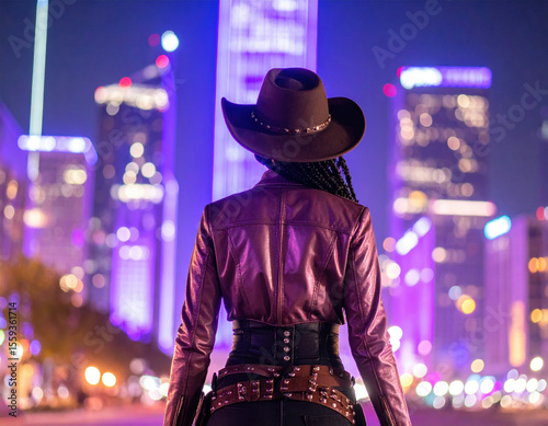 Futuristic cowboy woman walks away in glowing purple city at night, showcasing blend of modernity and tradition. vibrant lights create captivating atmosphere