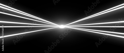 Laser rays or beams, glowing neon lines, bright futuristic background. Motion or speed light effect. Concert or nightclub spotlights. Vector illustration.