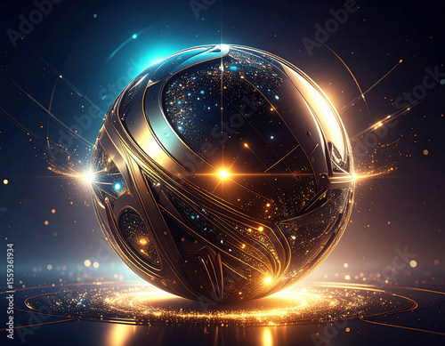 Futuristic metallic sphere space, surrounded by glowing particles and shimmering lights, creates mesmerizing cosmic scene. intricate design and vibrant colors evoke sense of wonder and exploration