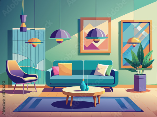 vector of The interior of the minimalist living room with modern sofas, pendant lights and decorative vases in a calm and stylish environment...