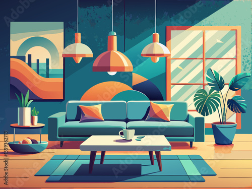 vector of The interior of the minimalist living room with modern sofas, pendant lights and decorative vases in a calm and stylish environment...