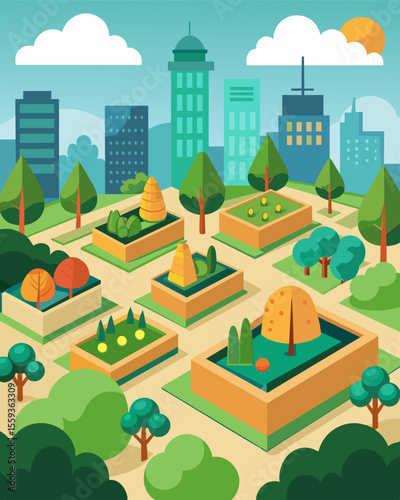 A city park with designated spaces for community gardening plots allowing residents to grow their own food in a shared space.. Vector illustration