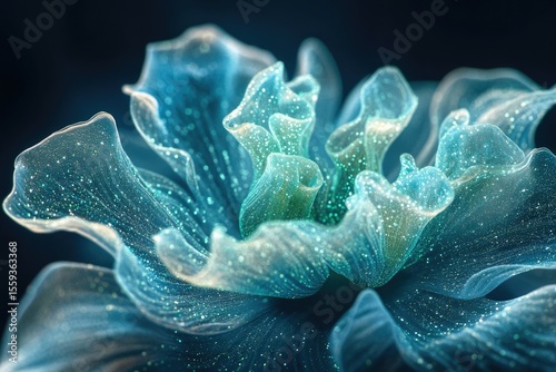 Abstract shimmering flower with blue and teal hues and sparkling details against a dark backdrop.