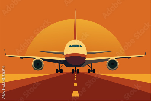 Sunset landing of an airplane on the runway with other aircraft in the sky