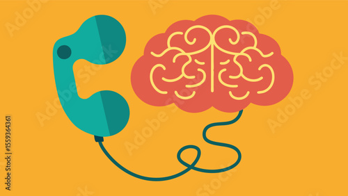 An image of a telephone with a brainshaped cord symbolizing the unique and personalized assistance that can be obtained through a dementia support hotline.. Vector illustration