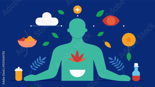 A visualization of a person receiving traditional Chinese medicine such as herbal remedies or acupuncture to address imbalances in the body that can impact brain health.. Vector illustration