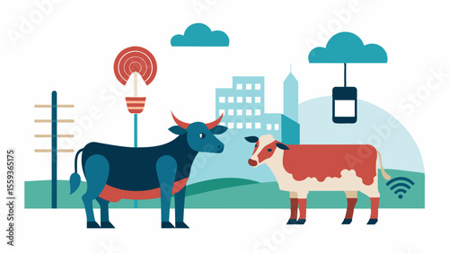 A remote sensor attached to livestock providing realtime updates on their location health and behavior.. Vector illustration