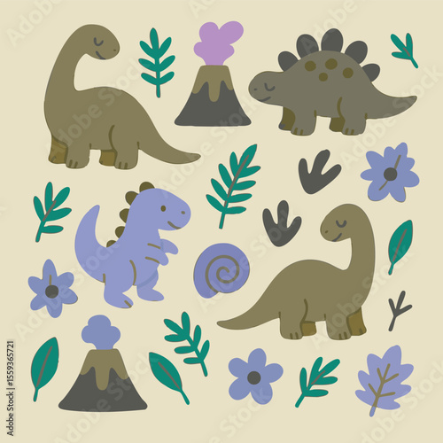 Dinosaurs, flowers, leaves, and volcanoes on a beige background