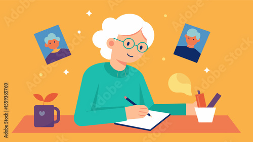 An illustration of an elderly person reminiscing over old photographs while writing in their journal. This image highlights how journaling can help bring back forgotten memories. Vector illustration