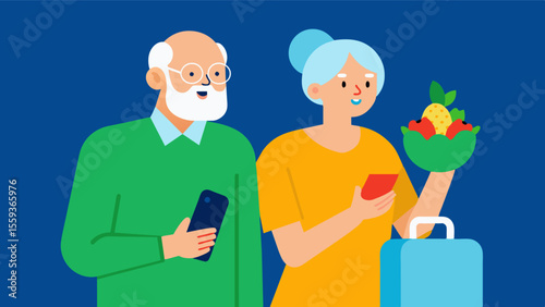An elderly couple grocery shopping using a grocery delivery app on their smartphone.. Vector illustration