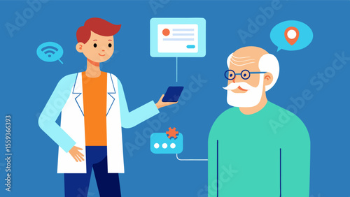 An elderly man with Parkinsons disease using wearable technology to track his tremors with a caregiver discussing the data with his doctor for better treatment management.. Vector illustration