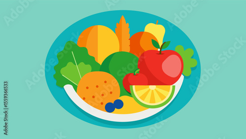A vibrant and colorful plate of fresh fruits vegetables whole grains and lean proteins representing a wellbalanced diet that can support brain health.. Vector illustration