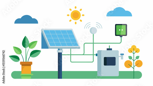 A smart irrigation controller connected to a solar panel providing a sustainable and ecofriendly solution for powering the system.. Vector illustration